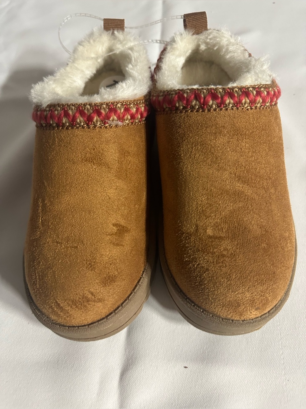 White Mountain Tan Faux-Suede Shearling Lined Slip-On Slippers with Pink Trim